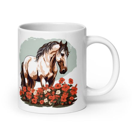 White Glossy Mug, 20oz, Brown horse in field of red flowers, n4w2fj