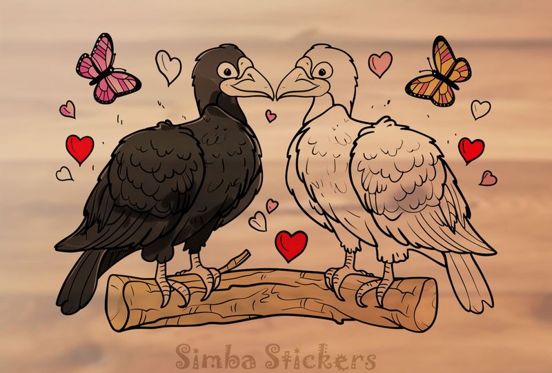 Vultures in love perching on thick branch, outline art, gnib2t