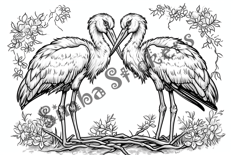 Colouring pages, bundle of marabou storks in love, 10 images