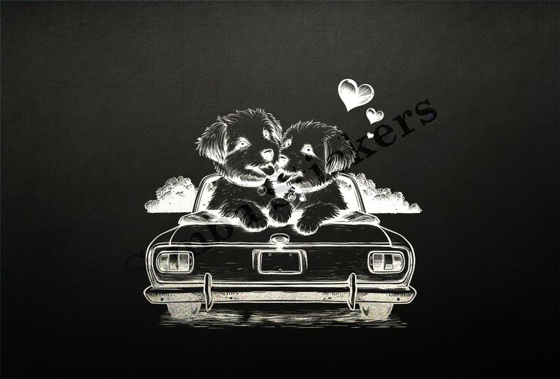 Dogs in love sitting on the trunk of a car, outline art, a6behd