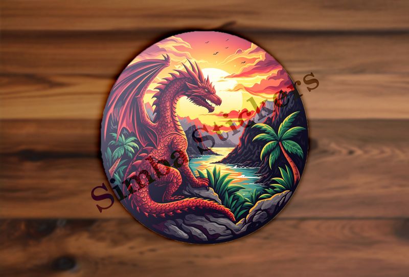 Red dragon, sun in background, in tropical surroundings