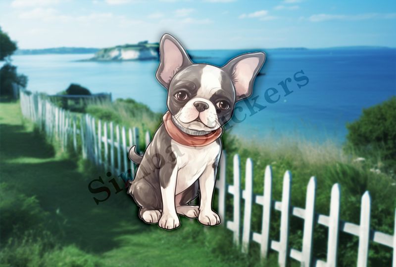 Boston Terrier dog with scarf, watercolour