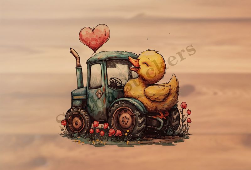 Duckling sitting appreciatingly on farmer&#x27;s tractor