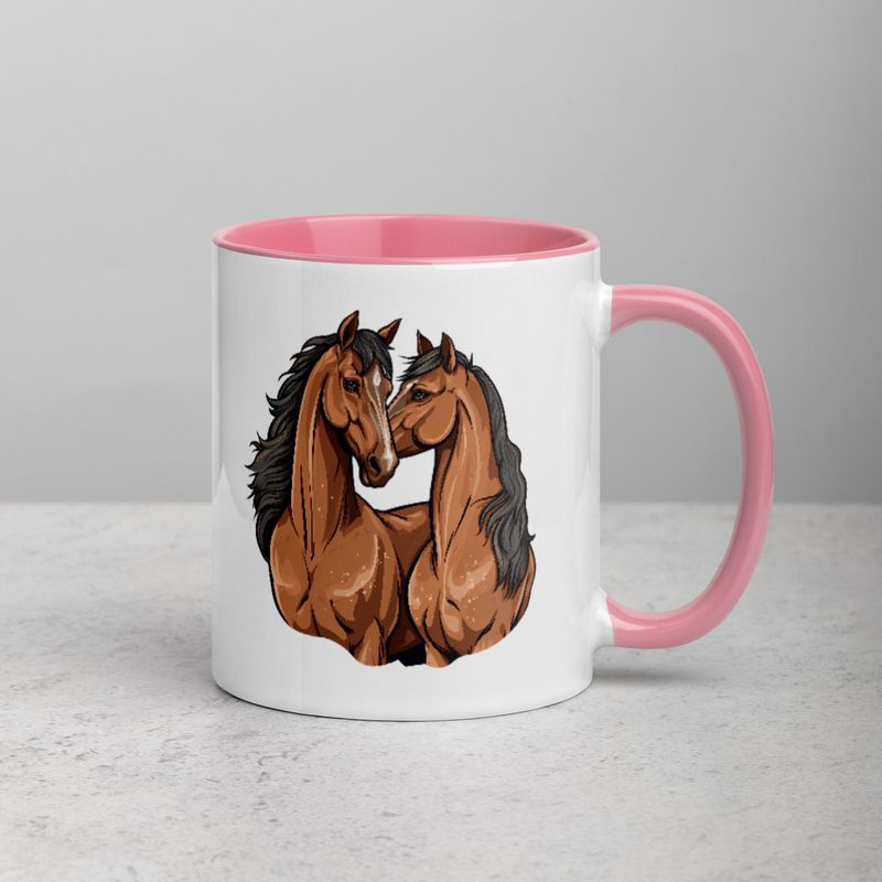 White Ceramic Mug with Color Inside, 11&amp;15oz, Two brown horses snuggling, tdwcyd
