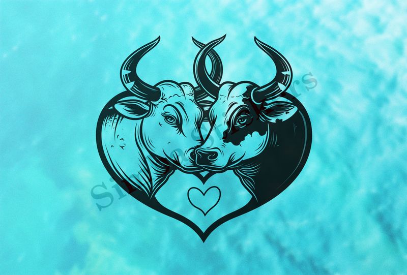 Cattle,  cheek-to-cheek, in heart frame, outline art