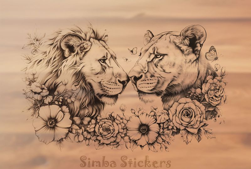 Male with lioness among flowers, outline art, nqgi2b