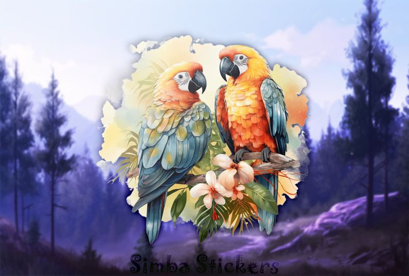 Multi-coloured parrots in love perching above flowers, watercolour, bqamxe