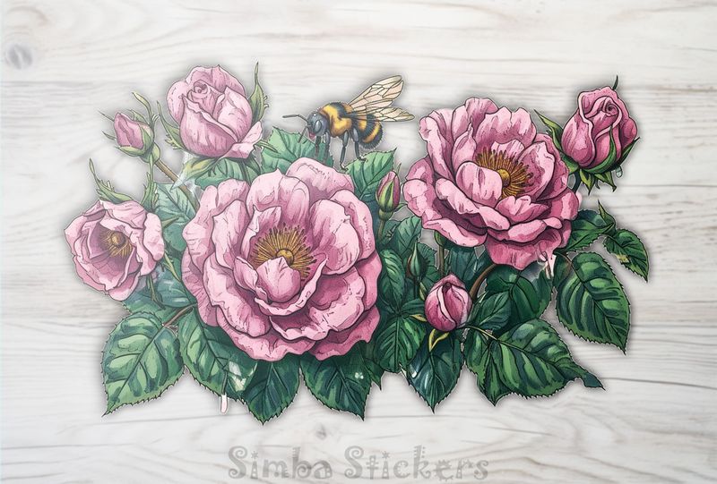 Bee on pink rose flowers, watercolour