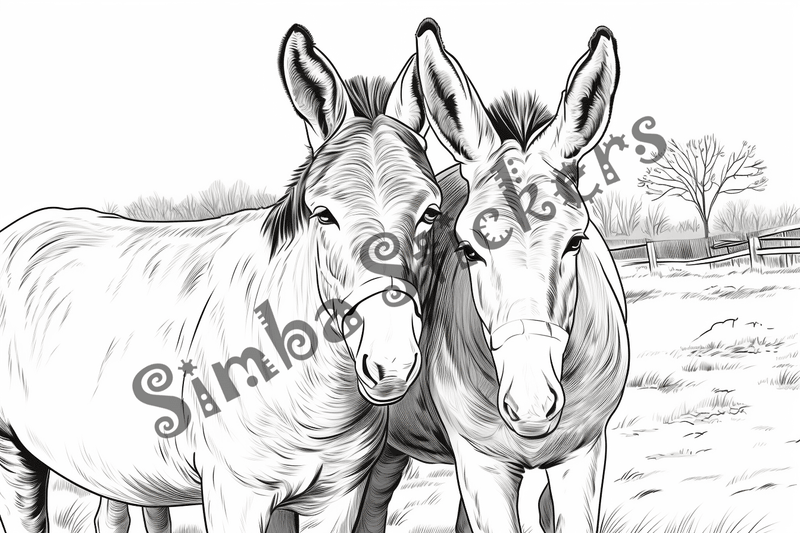 Colouring pages, bundle of donkeys with children, 25 images