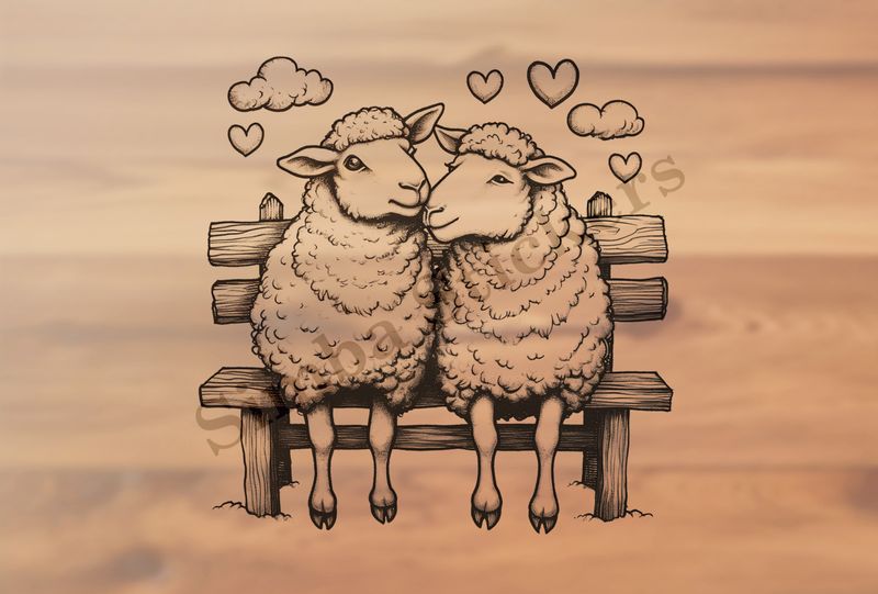 Sheep in love, sitting on a park bench, outline art