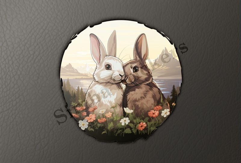 Rabbits in love , nose-to-nose, lake and mountains in background