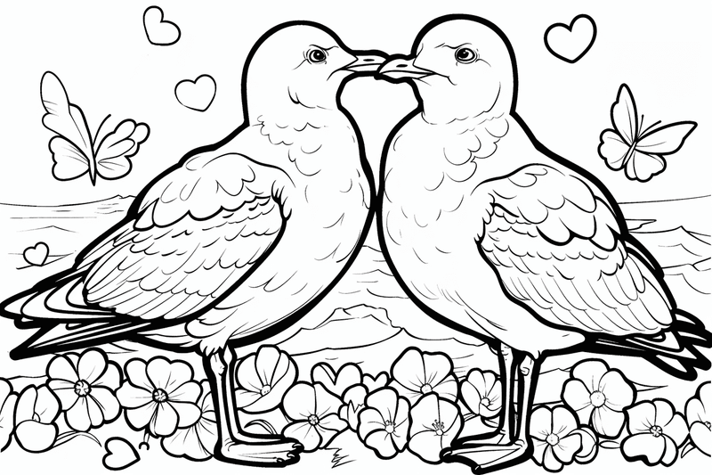 Colouring pages, bundle of seagulls in love, 25 images