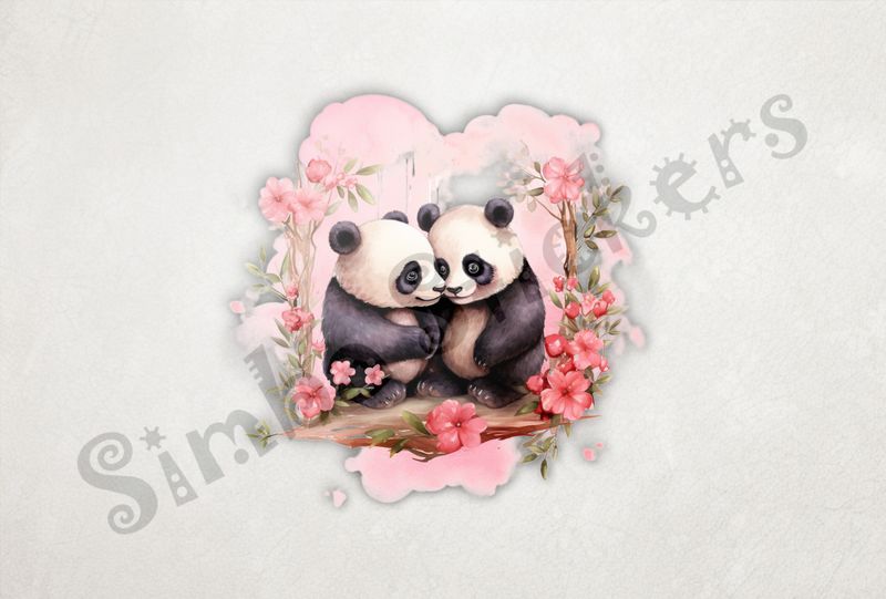 Panda bears in love, rosy background, kahr3b