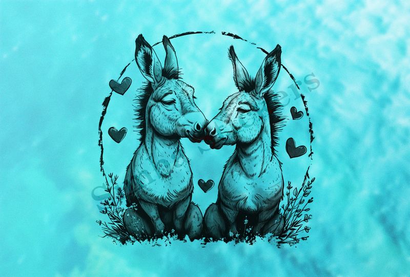 Donkeys in love, nose-to-nose, sitting, circle of love, outline art