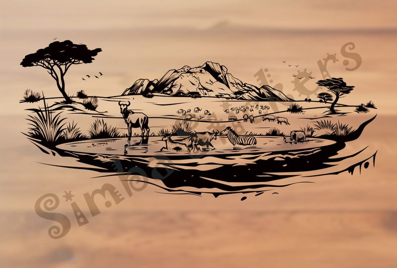African Savanna landscape, animals at pond, outline art