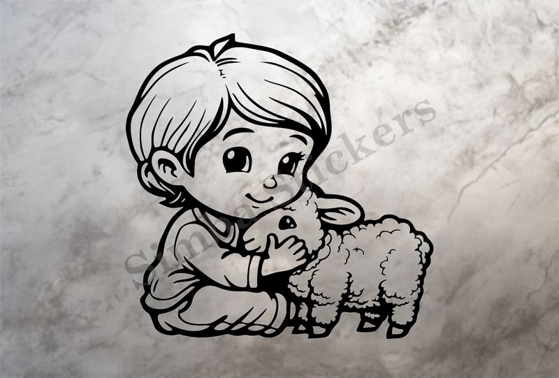 Lamb hugged by smiling little boy of Asian origin, outline art