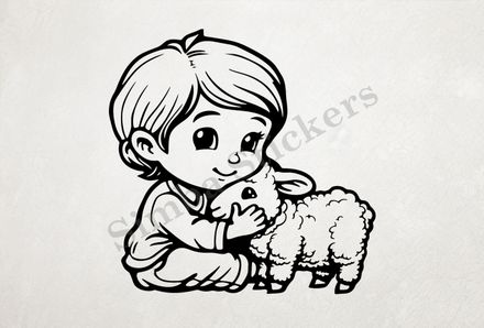 Lamb hugged by smiling little boy of Asian origin, outline art