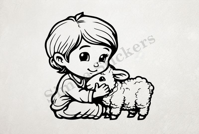 Lamb hugged by smiling little boy of Asian origin, outline art