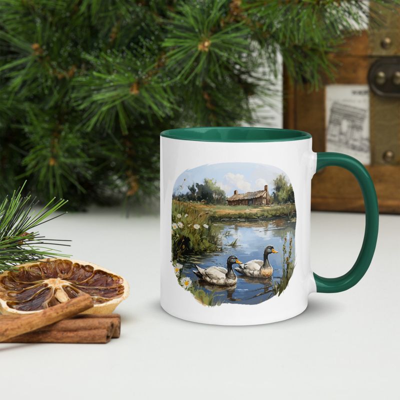White Ceramic Mug with Color Inside, 11 &amp;15oz, Ducks in love swimming in farmhouse pond 