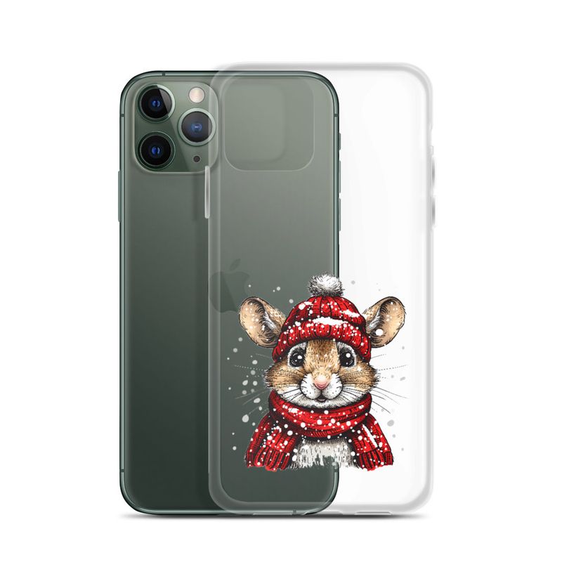 Clear Case for iPhone, Mouse wearing red winter hat and scarf in the snow, xg8dl3