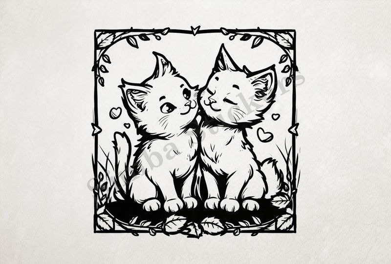 Cat kittens in love, framed, outline art