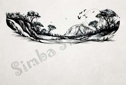Equatorial Rainforest landscape, moon above mountains, outline art