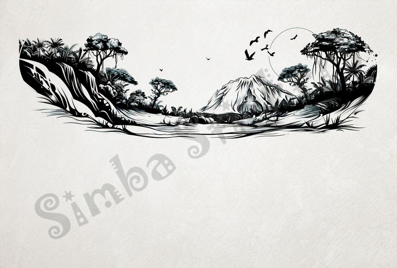 Equatorial Rainforest landscape, moon above mountains, outline art