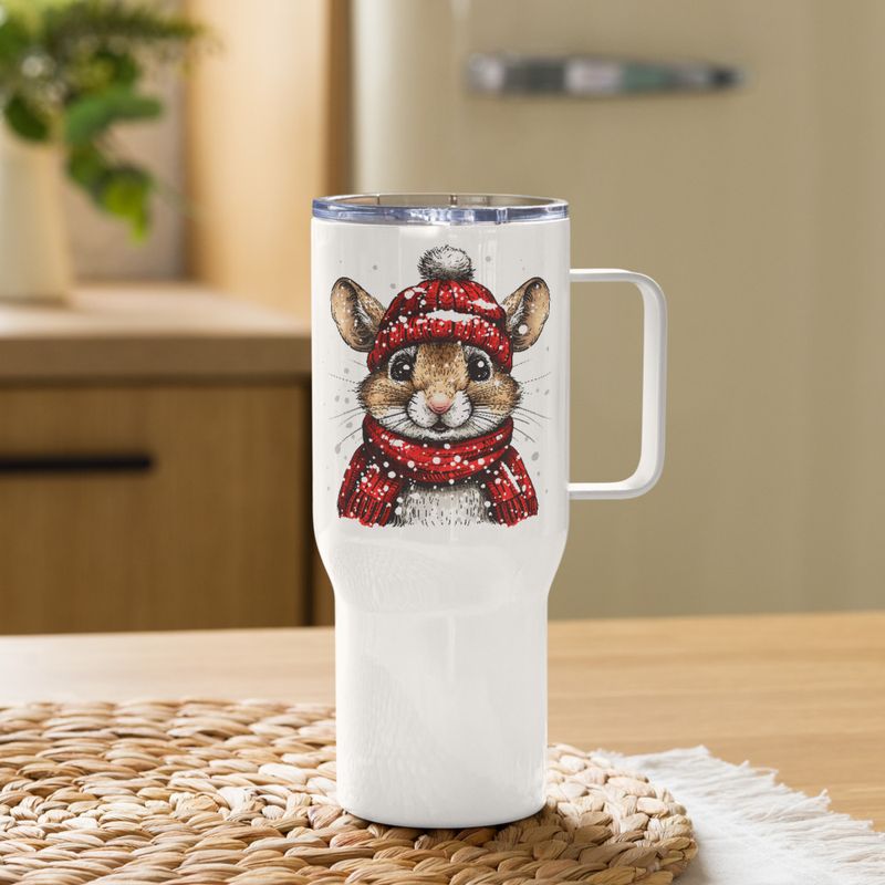 Travel Mug, Cattle, Mouse wearing red winter hat and scarf in the snow, xg8dl3