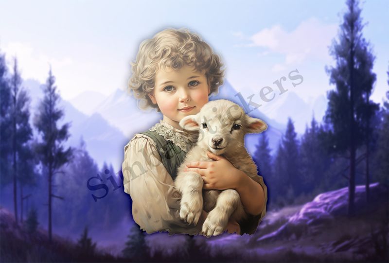 Cute lamb in the arms of a small boy, vintage