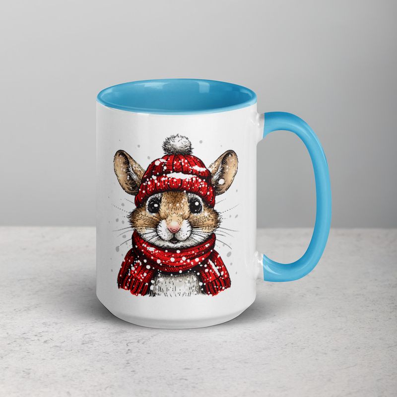 White Ceramic Mug with Color Inside, 11&amp;15oz, Mouse wearing red winter hat and scarf in snow, xg8dl3