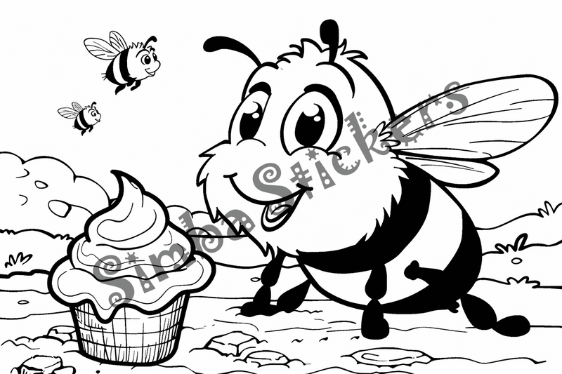 Colouring pages, bundle of bees around food, 10 images