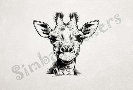 Giraffe face, looking straight ahead, outline art