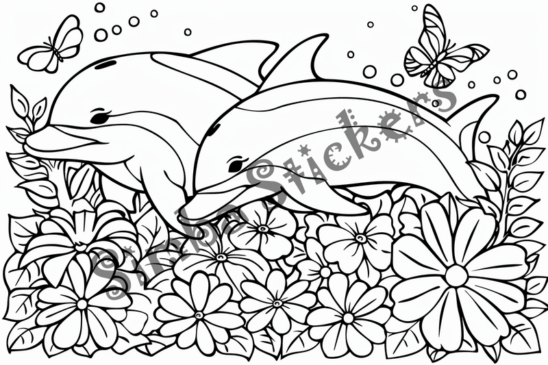 Colouring pages, bundle of dolphins  in flowers, 10 images