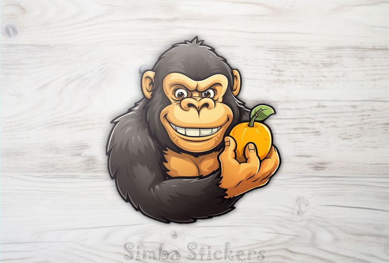 Gorilla holding a fruit and smiling broadly, 6jojkc