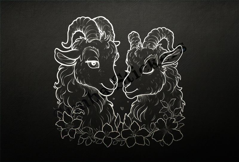 Goat younglings in love, with flowers, outline art