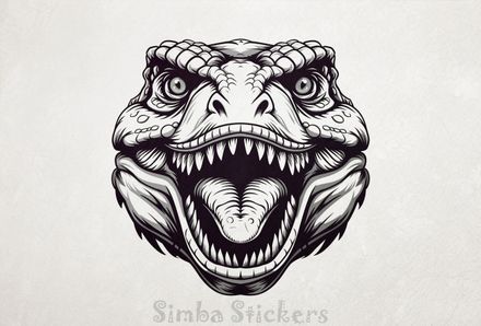 Dinosaur roaring, showing teeth, outline art