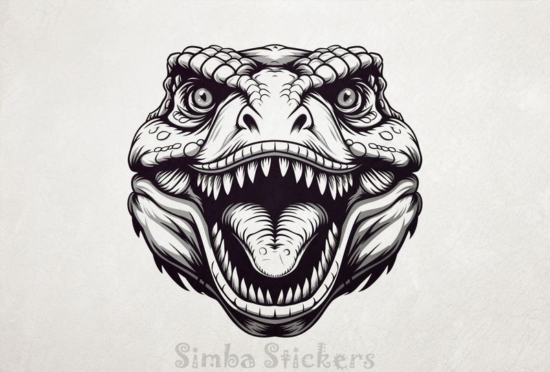 Dinosaur roaring, showing teeth, outline art