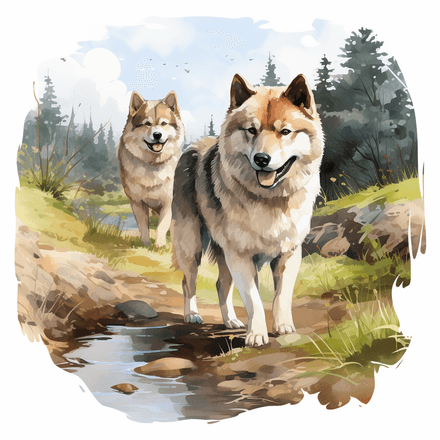 Akita dogs, watercolour, image set, 10 images