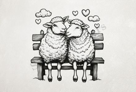 Sheep in love, sitting on a park bench, outline art
