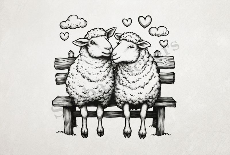 Sheep in love, sitting on a park bench, outline art