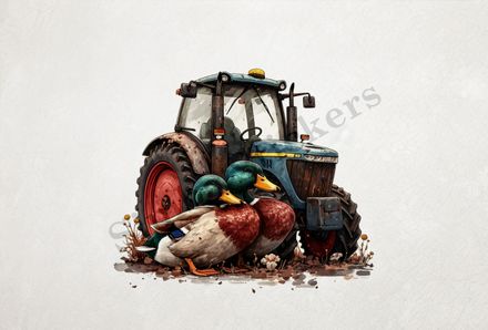 Ducks cuddling in front of farmer&#x27;s tractor