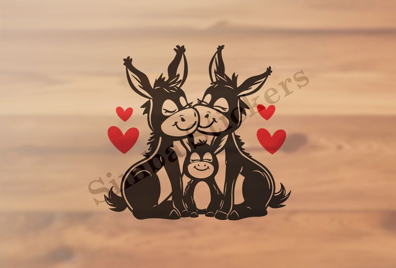 Donkey family, parents in love, hearts in picture, outline art