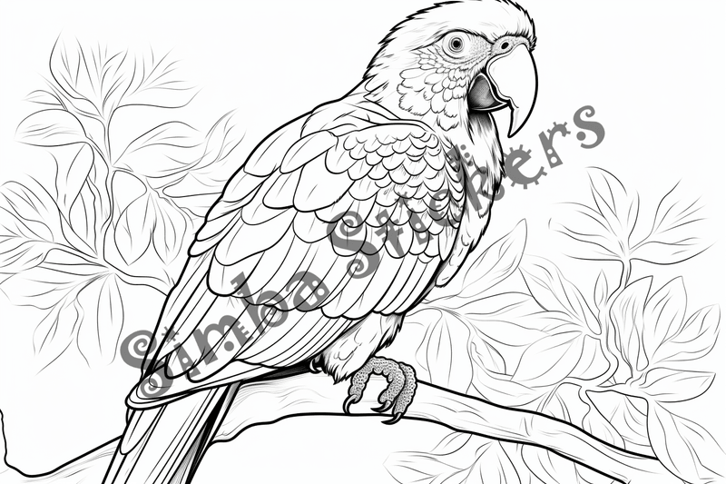 Colouring pages, bundle of parrots perching, 10 images