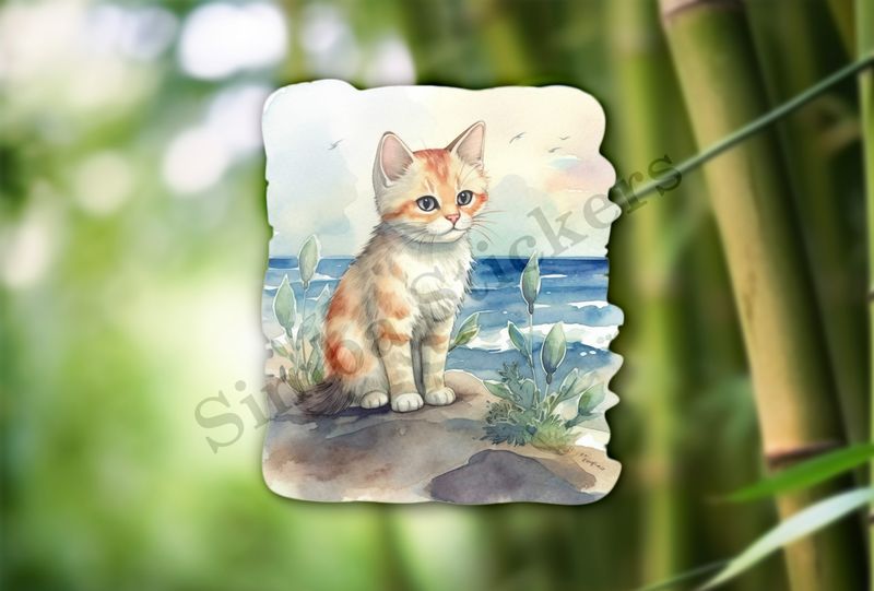 Cat on the beach, watercolour