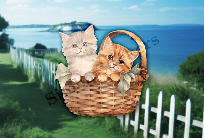 Two kittens in a leafy basket, vintage watercolour