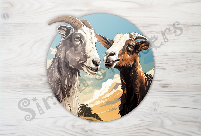 Goats in love, under partially cloudy sky, next to forest