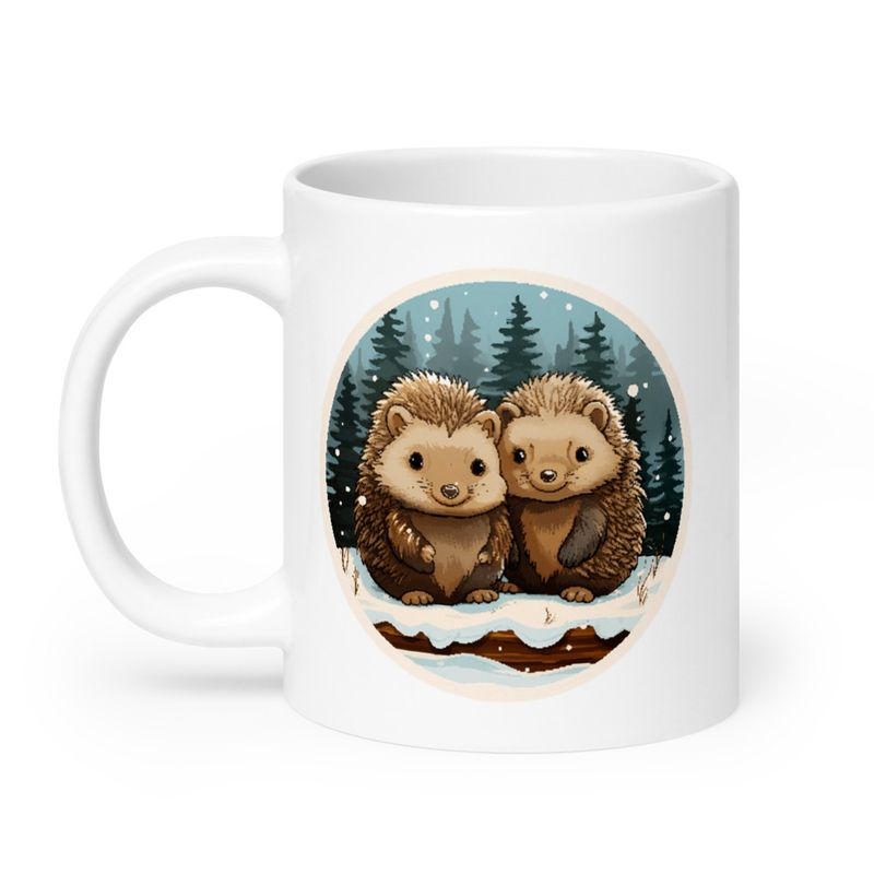 White Glossy Mug, 20oz, Cute Porcupines in the snow, circled 