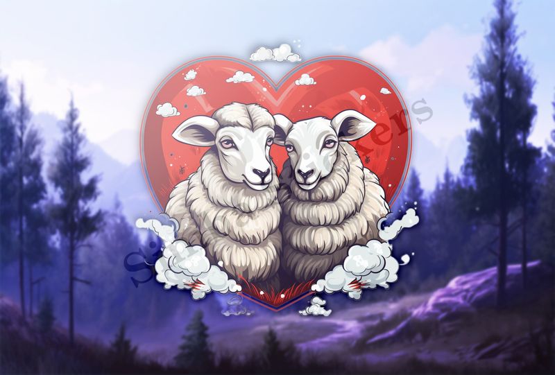 Sheep ewe and ram in love,  read heart, white clouds