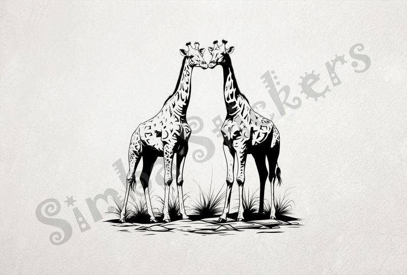 Giraffes nose-to-nose in the Savanna, outline art