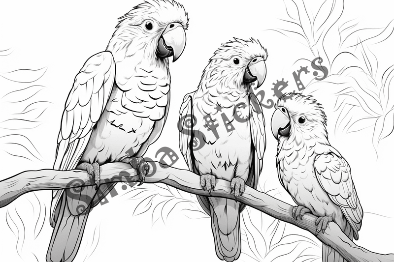 Colouring pages, bundle of parrots, 25 images